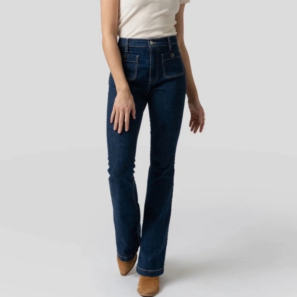 Saint + Sofia Bowie dark blue high rise skinny flare leg jeans